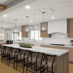 A 3D design rendering of a spacious kitchen designed for entertaining, featuring an extra-long island with extensive bar seating, natural wood cabinets, and high-end appliances, a design concept for a kitchen remodel in Bloomington, MN.