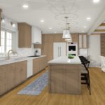 A 3D design rendering of a warm, open-concept kitchen featuring natural wood cabinets, a large island with a fluted base, and a seamless view into the living room with its brick fireplace and wood-beamed ceiling, a design concept for a main level remodel in Bloomington, MN.